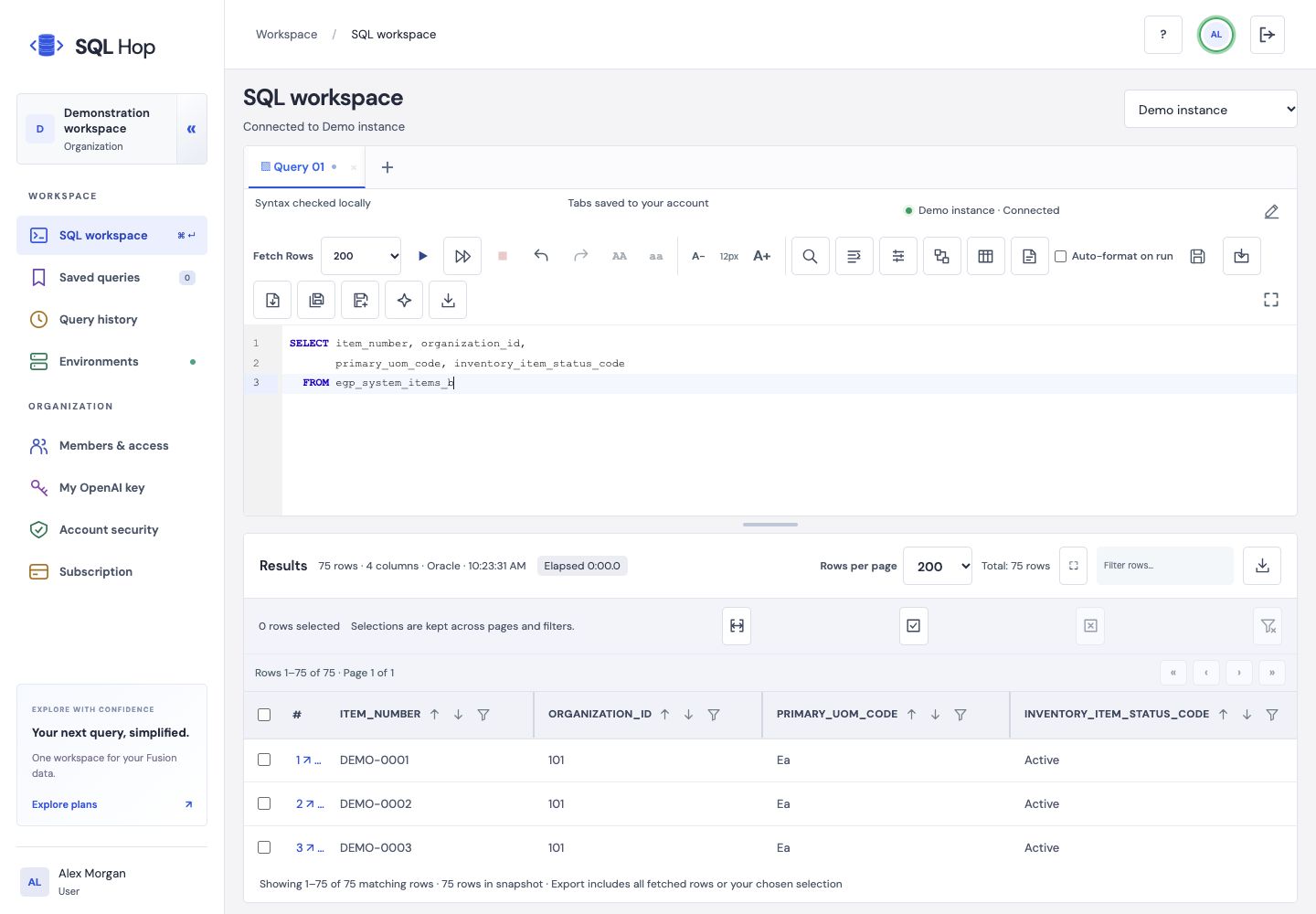 SQL Hop workspace with the SQL editor, inventory query, paginated results and export controls